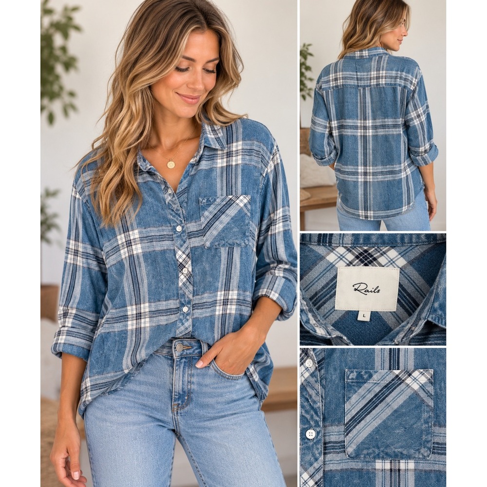 Rails Womens Hunter Plaid Shirt Tencel Blue White Relaxed Button Down Large